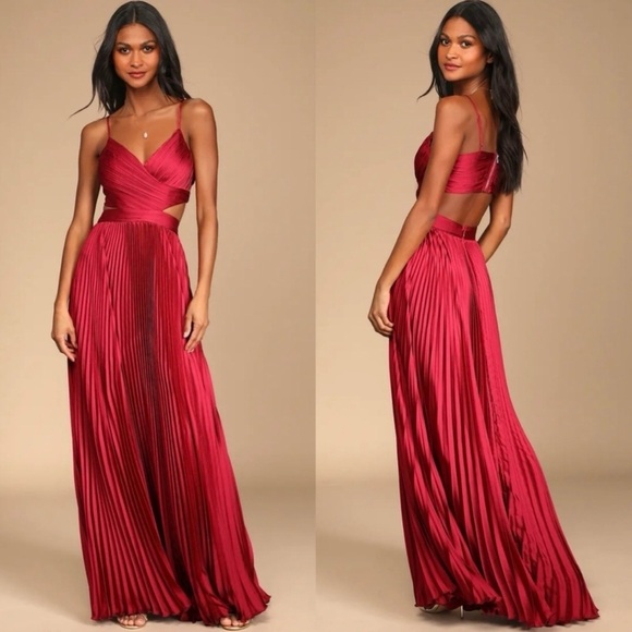 Lulus Dresses & Skirts - NEW Lulus Got The Glam Wine Red Maxi Dress XL Gown Satin Pleated Cutout Maxi